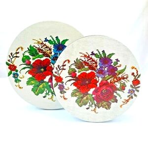 Vintage Floral Nesting Tins Metal Round Needlepoint Cross Stitch Pattern Storage